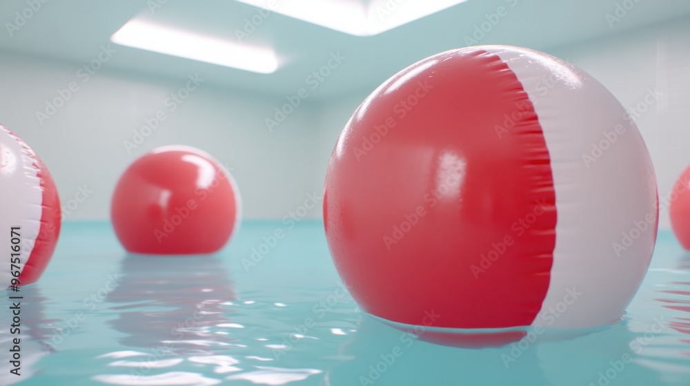 Poster a group of red and white inflatable balls floating in a pool, ai