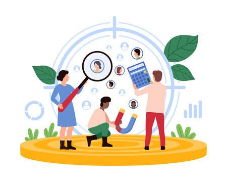 Vector illustration of tiny people analyzing target audience and marketing strategies, focusing on audience identification, customer analysis, and strategic marketing in a business context.