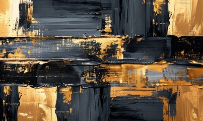Bold Black and Gold Abstract Canvas Artwork Featuring Striking Brush Strokes and a Textured Finish
