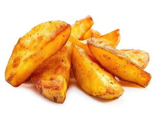 A delectable serving of golden brown potato wedges, seasoned with salt and pepper, ready to be enjoyed.