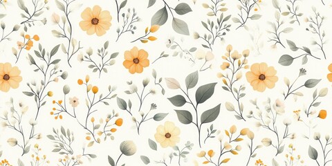 Decorative floral wallpaper border with orange flowers and green foliage on light background.