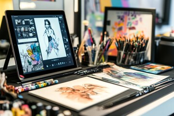 A creative workspace with a focus on digital design tools, including a graphics tablet and mood board