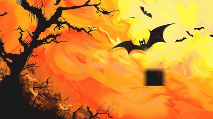 A spooky Halloween Ghost Festival background with bats. The bats are flying around in the dark night sky. There might be a haunted house or a creepy cemetery in the background