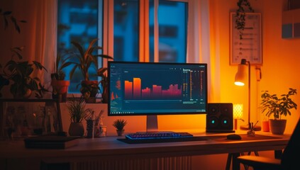 A cinematic photograph of an ultra-modern computer with a flat screen monitor on the desk in front
