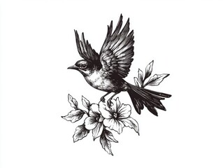 Obraz premium A black and white drawing of a bird with its wings spread out. The bird is perched on a branch with flowers in the background. Concept of freedom and tranquility, as the bird is free to fly