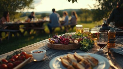 Rustic Outdoor Table Setting with Food and Drinks