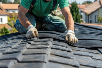 Roofing Contractor Installing New Shingles on a Residential Roof