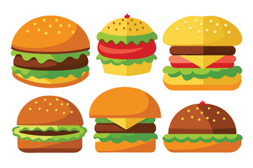 Set of different types delicious burger vector illustration on white background