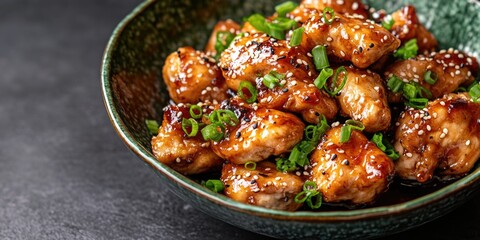 Fototapeta premium A bowl of chicken with sesame seeds and green onions. The chicken is cooked and looks delicious