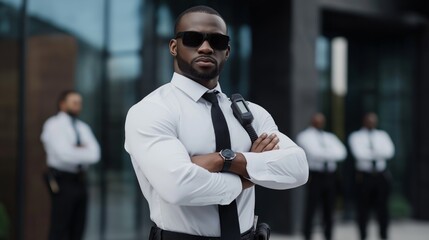 Experienced security guard with a team of bodyguards keeping a close watch
