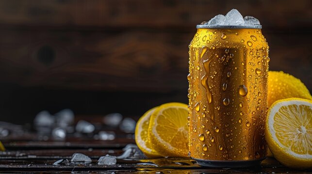 Aluminum cans with ice and lemon splash for advertising banners and promotional materials