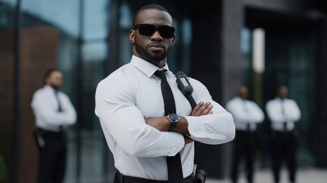 Experienced security guard with a team of bodyguards keeping a close watch