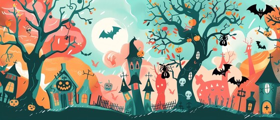 Halloween decorations, spooky trees, bats, cute skeletons, trick or treat, flat design illustration