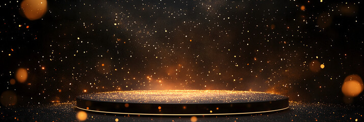 Golden light dots flying around the stage stars shining  background podium concept