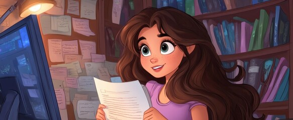 A cartoon woman with long brown hair diligently crafting her resume at a computer, embodying determination and focus.