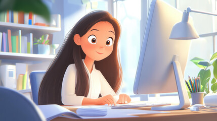A cartoon woman with long brown hair diligently crafting her resume at a computer, embodying determination and focus.