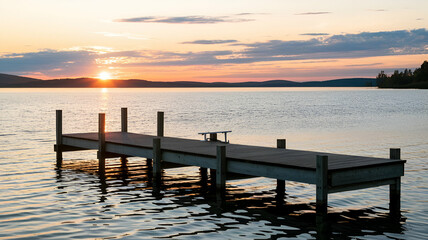 Sunset Serenity Capturing the Tranquil Beauty of a Wooden Dock on a Lake with a Warm Sunset Glow