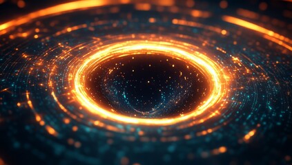 Obraz premium Dynamic abstract background featuring a swirling neon light ring with glittering sparks and flares in gold, blue, and yellow hues. The energetic design conveys motion and energy