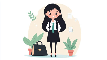 A young woman in a sharp suit and tie carries her briefcase, embodying the essence of a modern business professional.
