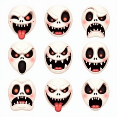 Spooky Halloween Skull Emojis Illustration - Nine Creepy Faces for Halloween Decor and Digital Use