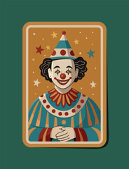 Vector playing card joker, clown. Graphic creepy smiling face of sinister man in clown hat.