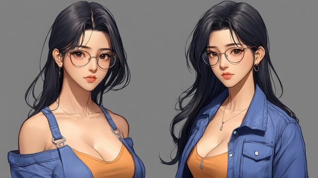 A stunning Asian woman with dark hair and glasses exudes confidence in a stylish shoulderless outfit and open jacket.