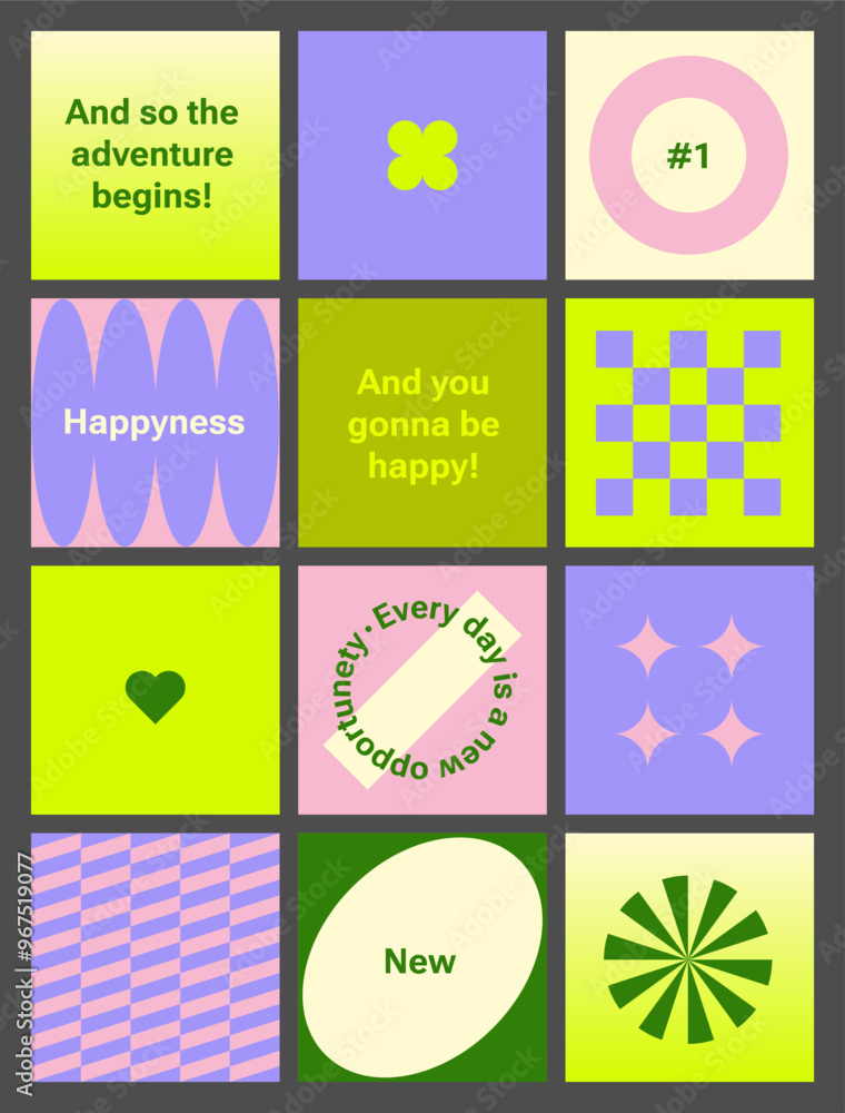 Poster set of y2k naive pastel square elements. grid for social media. simple geometry shapes for compositi