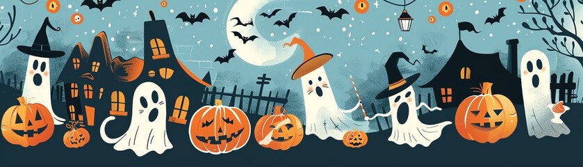 Fototapeta premium Cartoon ghosts, witches, cute pumpkins, black cats, haunted houses, candy, flat design illustration