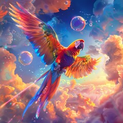A multi-colored parrot soars through a surreal sky.
