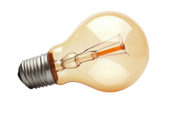 A close-up image of a vintage-style Edison light bulb, glowing warmly. The filament is visible, giving off a soft, amber light, and the bulb features a brass base.