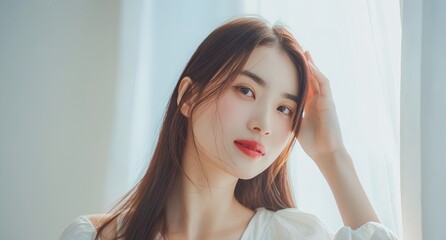 Naklejka premium beautiful Asian woman with long hair, wearing light makeup and red lipstick, is touching her straight brown hair against the white background of a bright room