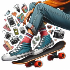 collage picture of cropped woman legs  ride skate board isolated on painted background.  illustration white background. 