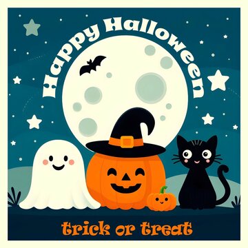 Happy Halloween illustration with pumpkin, ghost, black cat and bats. reeting card in flat style.