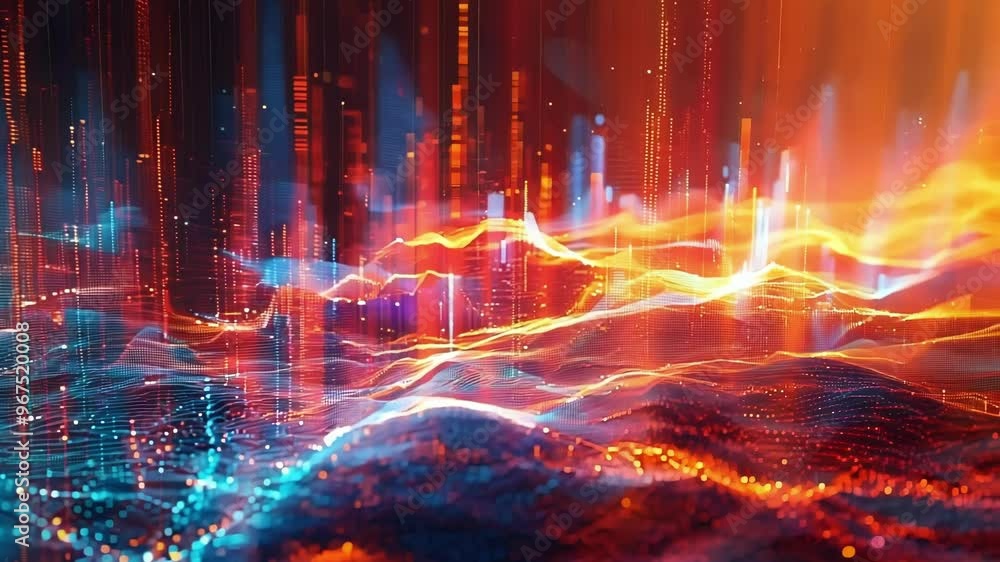 Poster abstract technology background featuring glowing waves and peaks of data, visualized using a blue an