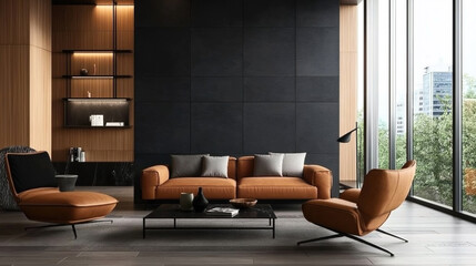 Modern living room with contemporary furniture, including leather sofas and armchairs, grey cushions, a coffee table with decor, floor-to-ceiling windows, and built-in shelving.