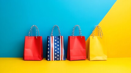 Colorful Paper Shopping Bags on a Blue and Yellow Background
