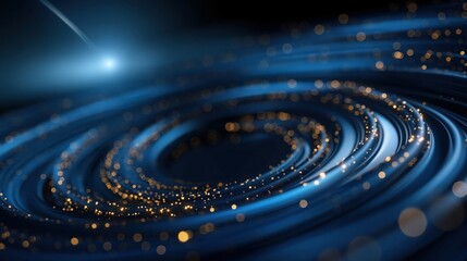 Blue and gold spiral patterns twist in a cosmic scene, evoking a sense of depth and movement, reminiscent of distant galaxies in the universe