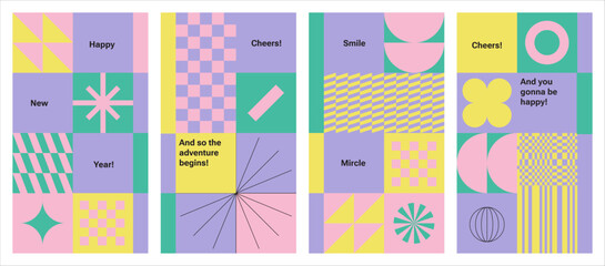 Y2k stickers for happy new year and Marry Christmas Playful retro elements, Geometry shapes. Green Neon colors. Glitch