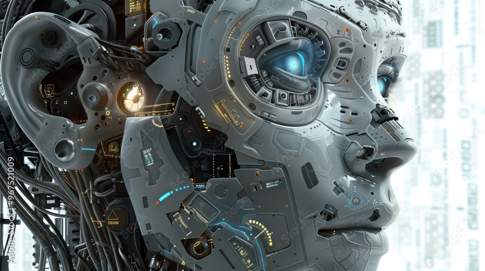 Poster a detailed robotic face features glowing blue eyes and complex circuitry, showcasing advanced techno