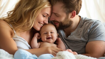 In a warm, cozy atmosphere, a smiling baby is cradled by loving parents, who are sharing an intimate moment filled with joy and connection, surrounded by soft textiles