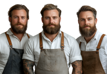 Three bearded men in aprons pose together on a black background, highlighting their shared passion and dedication to their craft.