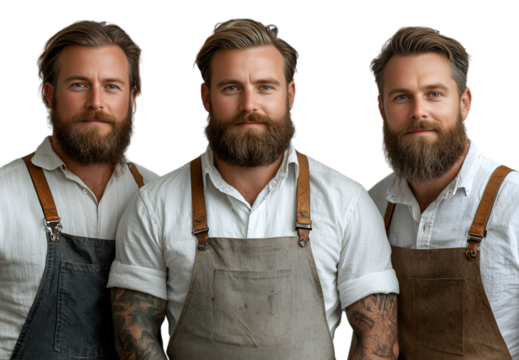 Three bearded men in aprons pose together on a black background, highlighting their shared passion and dedication to their craft. - Powered by Adobe