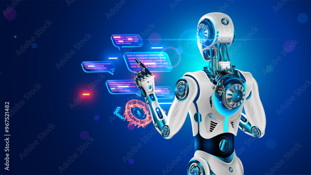 Fototapete AI chatbot in image robot or cyborg holding in hand message bubbles. Online AI chat bot talk through messenger with user. Technical support bot, internet assistance with artificial intelligence or AI
