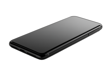 A high-quality close-up image of a modern black smartphone lying flat against a white background.