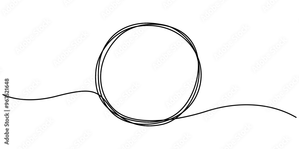 Poster continuous one line drawing of scribble black circle. round frame sketch outline on white background