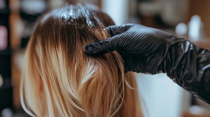 Gloved hand of hairdresser dyeing hair of caucasian female customer