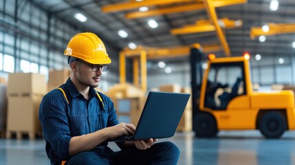 A warehouse worker in a hard hat sits on the floor, focused on a laptop while managing inventory. Boxes are stacked around him, and a forklift operates in the background