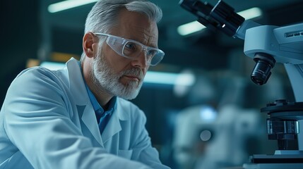 A dedicated scientist with gray hair and glasses is intently analyzing samples through a microscope in a state-of-the-art laboratory, highlighting the importance of research and discovery