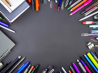 top view of modern executive desk: pens, pencils, notebooks and other office items in random arrangement using only color and a blank center space