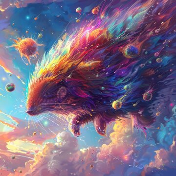 Colorful abstract flying porcupine with rainbow mane and stars in the surreal sky.